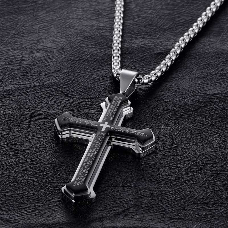 Layered Bible Cross Titanium Steel Pendant Necklace