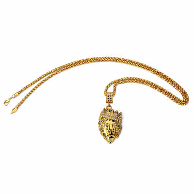 Gold Three-dimensional Crown Lion Head Pendant Necklace