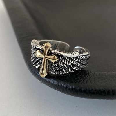 Retro Cross with Wings Ring