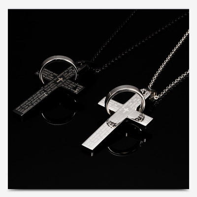 Men's Lord's Prayer Hanging Ring Cross Necklace