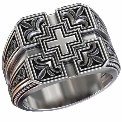 Vintage Carved Cross Totem Men Ring