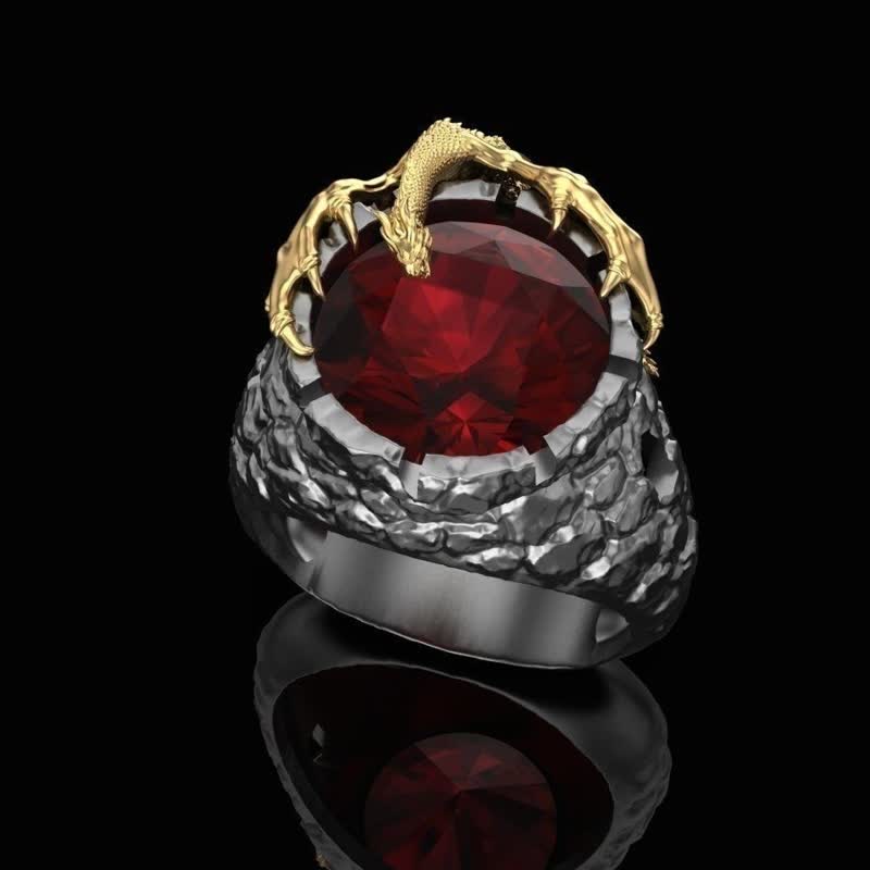 Men's Two-tone Dragon Ruby Gemstone Ring