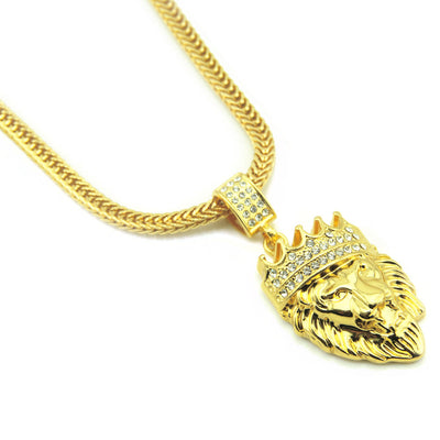 Gold Three-dimensional Crown Lion Head Pendant Necklace